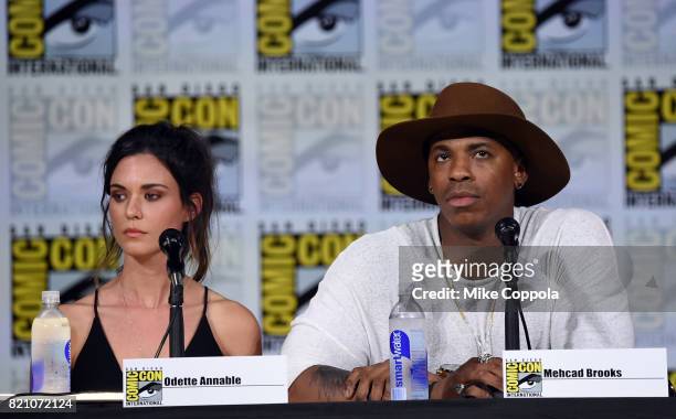 Odette Annable and Mehcad Brooks attend the "Supergirl" special video presentation during Comic-Con International 2017 at San Diego Convention Center...