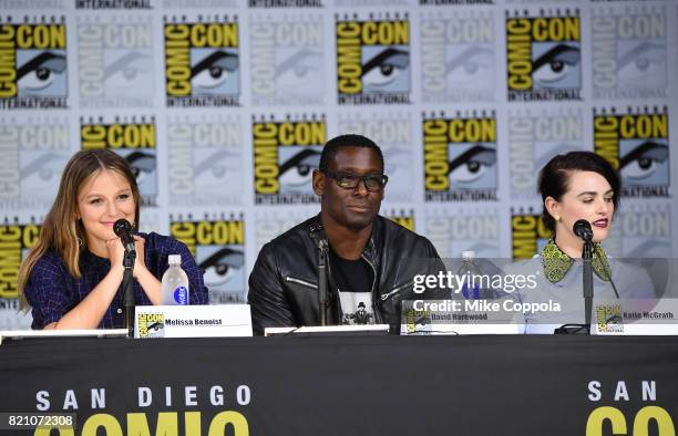 Melissa Benoist, David Harewood, and Katie McGrath attend the "Supergirl" special video presentation during Comic-Con International 2017 at San Diego...