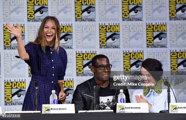 Melissa Benoist, David Harewood, and Katie McGrath attend the "Supergirl" special video presentation during Comic-Con International 2017 at San Diego...