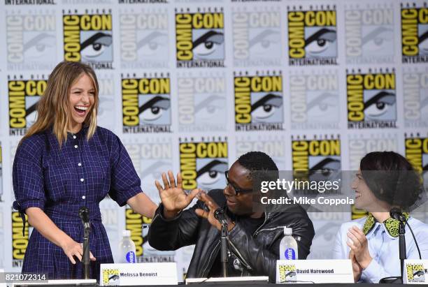 Melissa Benoist, David Harewood, and Katie McGrath attend the "Supergirl" special video presentation during Comic-Con International 2017 at San Diego...