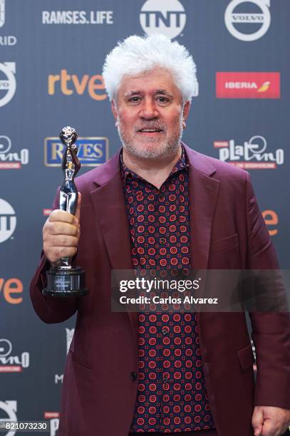 Director Pedro Almodovar receives the 'Best Director' award for the movie 'Julieta' during the 'Platino Awards 2017' at the La Caja Magica on July...