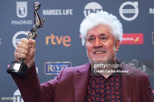 Director Pedro Almodovar receives the 'Best Director' award for the movie 'Julieta' during the 'Platino Awards 2017' at the La Caja Magica on July...