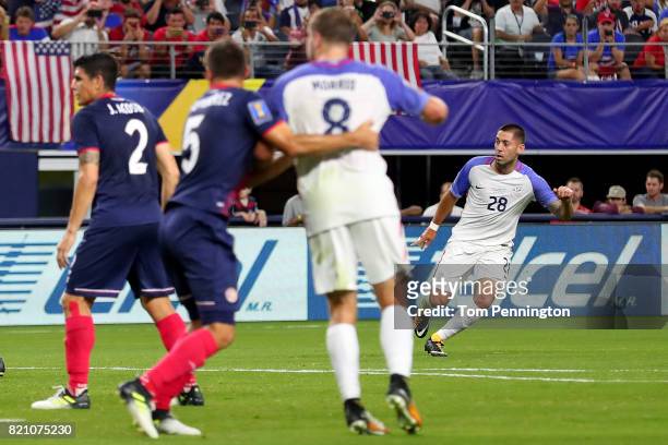 Clint Dempsey of United States scores against Costa Rica during the 2017 CONCACAF Gold Cup Semifinal at AT&T Stadium on July 22, 2017 in Arlington,...