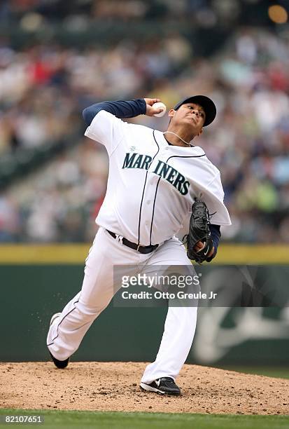 Felix Hernandez of the Seattle Mariners pitches during their MLB game against the Boston Red Sox on July 23, 2008 at Safeco Field in Seattle,...