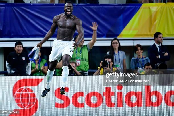 United States's forward Jozy Altidore celebrates after scoring a goal during second half of the Costa Rica vs. United States CONCACAF Gold Cup semi...