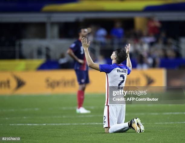 United States's defender Jorge Villafana celebrates his team's victory after the Costa Rica vs. United States CONCACAF Gold Cup semi final match July...