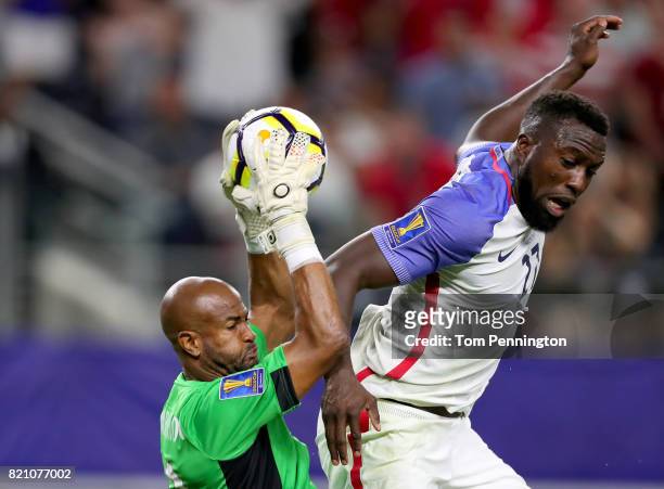 Patrick Pemberton of Costa Rica makes a save against Jozy Altidore of United States during the 2017 CONCACAF Gold Cup Semifinal at AT&T Stadium on...
