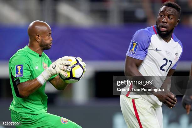 Patrick Pemberton of Costa Rica makes a save against Jozy Altidore of United States during the 2017 CONCACAF Gold Cup Semifinal at AT&T Stadium on...