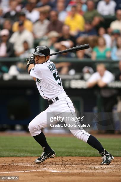 Ichiro Suzuki of the Seattle Mariners bats during their MLB game against the Boston Red Sox on July 23, 2008 at Safeco Field in Seattle, Washington.