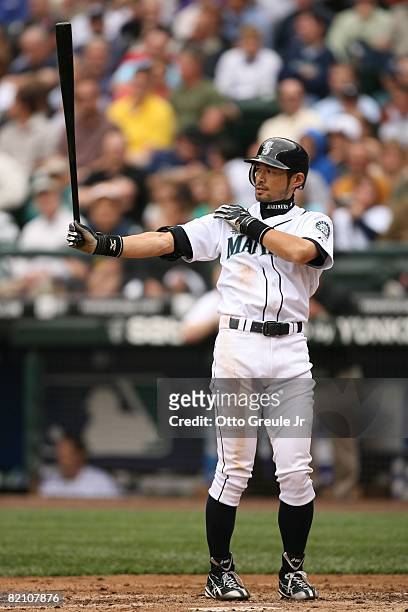 Ichiro Suzuki of the Seattle Mariners bats during their MLB game against the Boston Red Sox on July 23, 2008 at Safeco Field in Seattle, Washington.