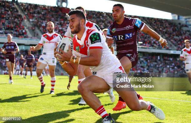 Timoteo Lafai of the Dragons gathers the ball to score during the round 20 NRL match between the St George Illawarra Dragons and the Manly Sea Eagles...