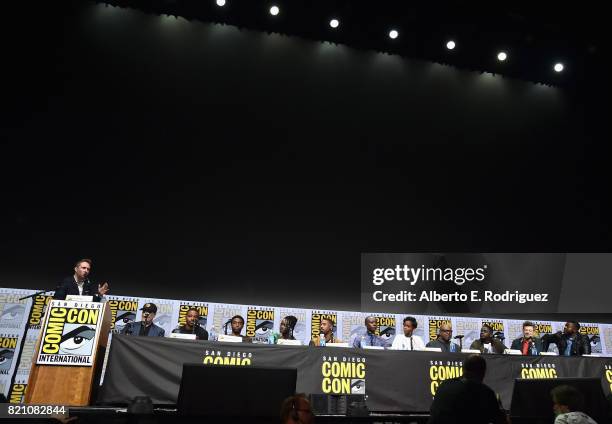 Moderator Chris Hardwick, President of Marvel Studios and Producer Kevin Feige, Director Ryan Coogler, actors Chadwick Boseman, Lupita Nyong'o,...