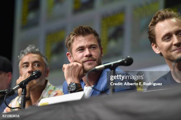 Director Taika Waititi, actors Chris Hemsworth, Tom Hiddleston from Marvel Studios Thor: Ragnarok' at the San Diego Comic-Con International 2017...