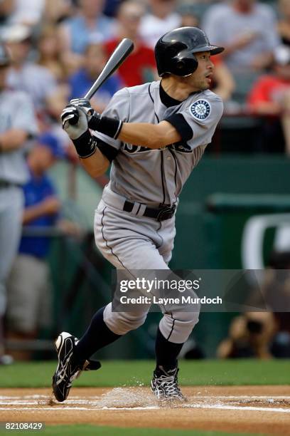 Ichiro Suzuki of the Seattle Mariners records his 3000th hit on the first pitch of the game against the Texas Rangers on July 29, 2008 at Rangers...