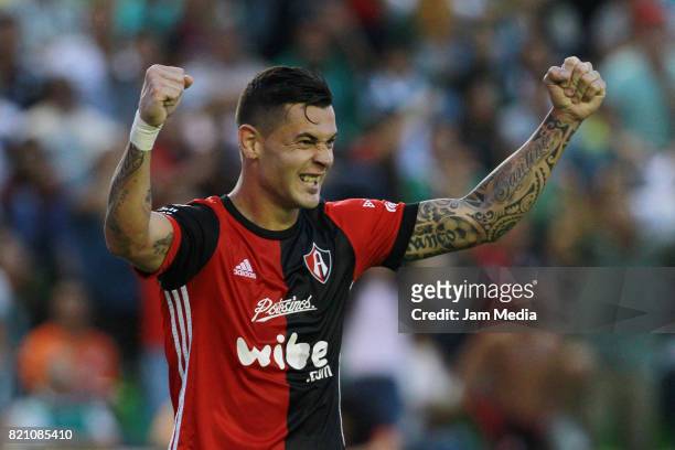 Milton Caraglio of Atlas celebrates after scoring his team's third goal during the 1st round match between Leon and Atlas as part of the Torneo...