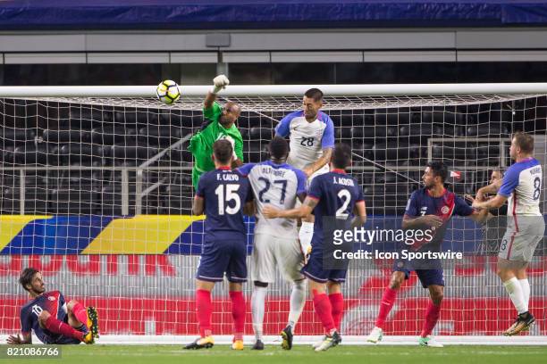 Costa Rica goalkeeper Patrick Pemberton goes up for a block during the CONCACAF Gold Cup Semifnal game between USA and Costa Rica on July 22nd, 2017...
