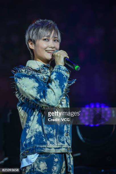 Singer Li Yuchun performs during a commercial concert on July 22, 2017 in Chengdu, Sichuan Province of China.