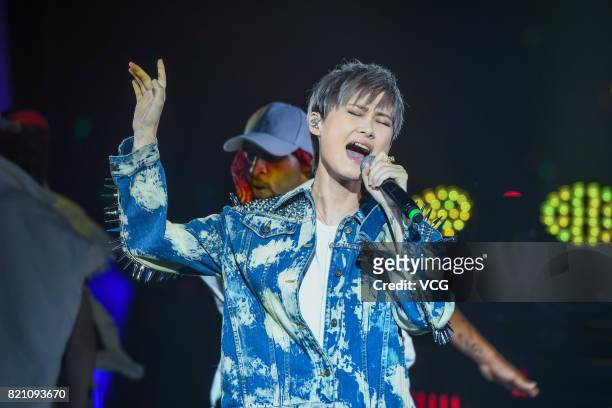 Singer Li Yuchun performs during a commercial concert on July 22, 2017 in Chengdu, Sichuan Province of China.