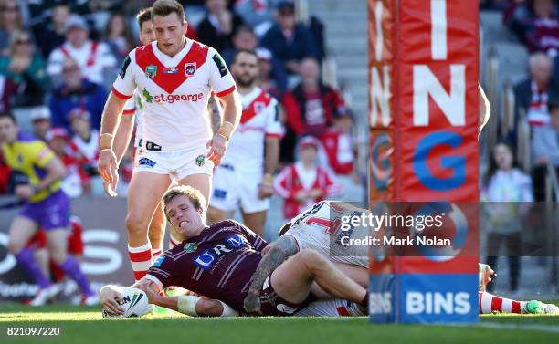 Jake Trbojevic of the Eagles scores a try during the round 20 NRL match between the St George Illawarra Dragons and the Manly Sea Eagles at WIN...