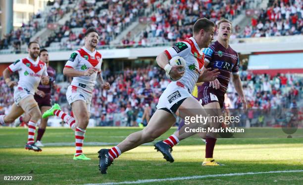 Euan Aitken of the Dragons makes a line break to score during the round 20 NRL match between the St George Illawarra Dragons and the Manly Sea Eagles...