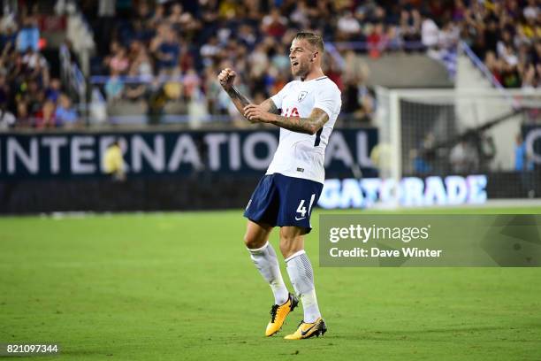 Toby Alderweireld of Spurs celebrates after putting his side 3-2 ahead during the International Champions Cup match between Paris Saint Germain and...