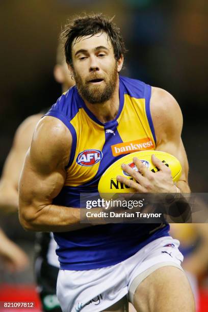 Josh Kennedy of the Eagles marks the ball during the round 18 AFL match between the Collingwood Magpies and the West Coast Eagles at Etihad Stadium...