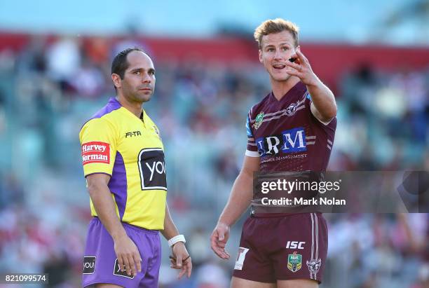 Daly Cherry-Evans of the Eagles talks with referee Ashley Klein during the round 20 NRL match between the St George Illawarra Dragons and the Manly...
