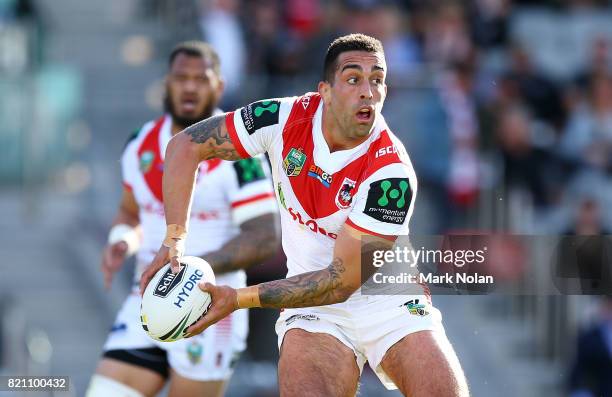 Paul Vaughan of the Dragons looks to pass during the round 20 NRL match between the St George Illawarra Dragons and the Manly Sea Eagles at WIN...