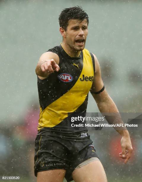 Jack Riewoldt of the Tigers kicks the ball during the 2017 AFL round 18 match between the Richmond Tigers and the GWS Giants at the Melbourne Cricket...