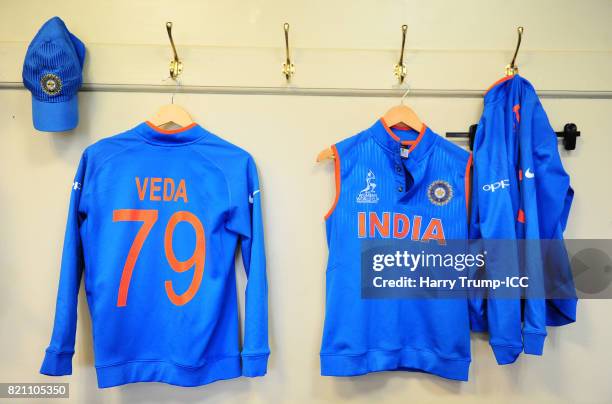 General view as the India team shirts hanging the dressing room prior to the start during the ICC Women's World Cup 2017 Final between England and...