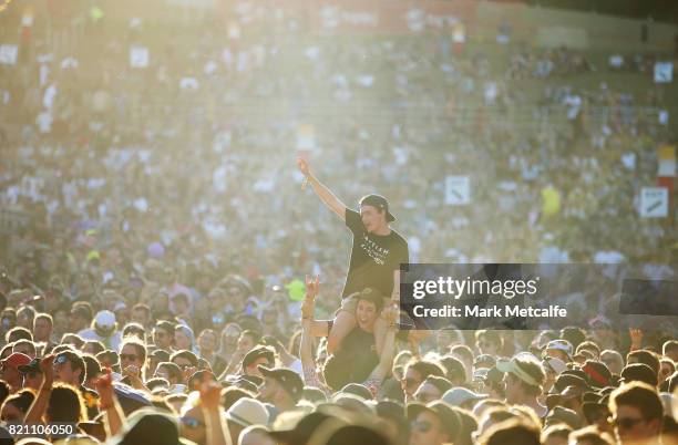 Large crowd watch The Smith Street Band during Splendour in the Grass 2017 on July 23, 2017 in Byron Bay, Australia.