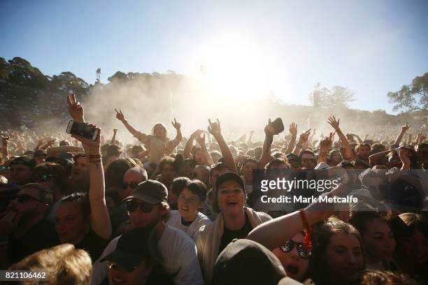 Large crowd watch The Smith Street Band during Splendour in the Grass 2017 on July 23, 2017 in Byron Bay, Australia.