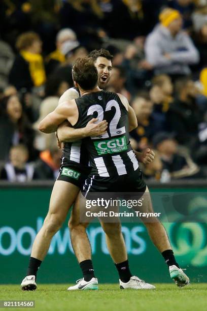 Alex Fasolo of the Magpies celebrates kicking the final goal during the round 18 AFL match between the Collingwood Magpies and the West Coast Eagles...