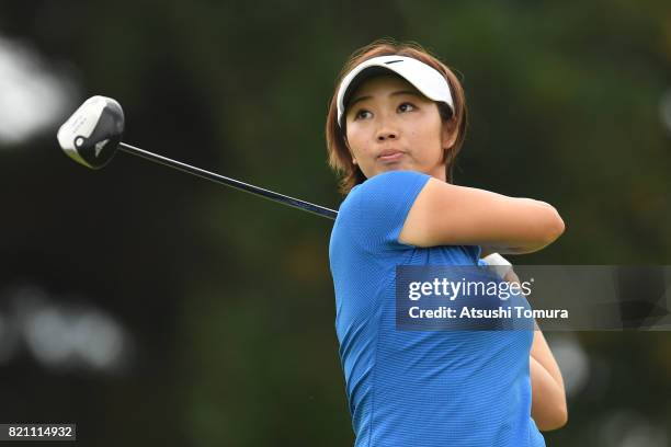 Rumi Yoshiba of Japan hits her tee shot on the 5th hole during the final round of the Century 21 Ladies Golf Tournament 2017 at the Seta Golf Course...