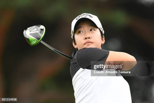 Hee-Kyung Bae of South Korea hits her tee shot on the 5th hole during the final round of the Century 21 Ladies Golf Tournament 2017 at the Seta Golf...