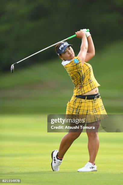 Ai Suzuki of Japan hits her second shot on the 1st hole during the final round of the Century 21 Ladies Golf Tournament 2017 at the Seta Golf Course...