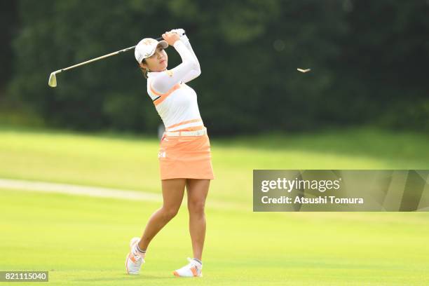 Bo-Mee Lee of South Korea hits her second shot on the 2nd hole during the final round of the Century 21 Ladies Golf Tournament 2017 at the Seta Golf...