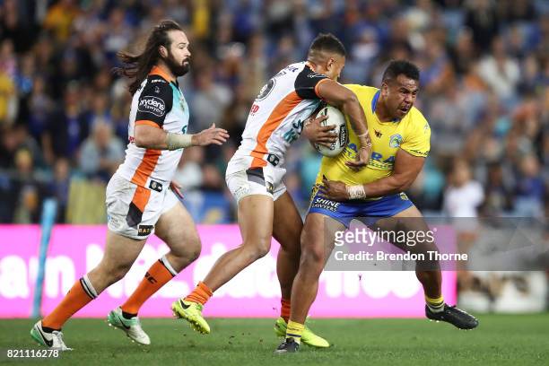 Siosaia Vave of the Eels runs the ball during the round 20 NRL match between the Wests Tigers and the Parramatta Eels at ANZ Stadium on July 23, 2017...