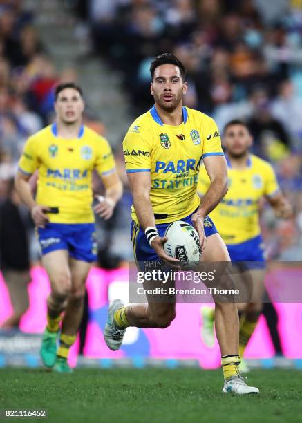 Corey Norman of the Eels runs the ball during the round 20 NRL match between the Wests Tigers and the Parramatta Eels at ANZ Stadium on July 23, 2017...