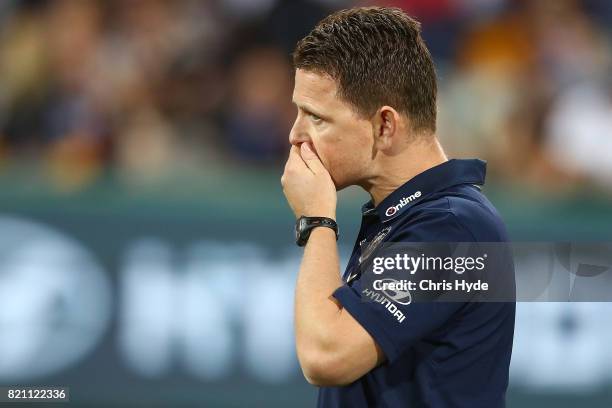 Blues coach Brendon Bolton looks on during the round 18 AFL match between the Brisbane Lions and the Carlton Blues at The Gabba on July 23, 2017 in...