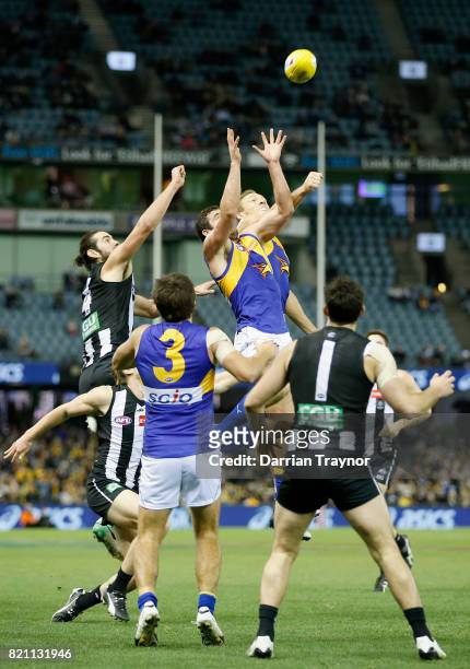Jack Darling of the Eagles leaps for the ball during the round 18 AFL match between the Collingwood Magpies and the West Coast Eagles at Etihad...