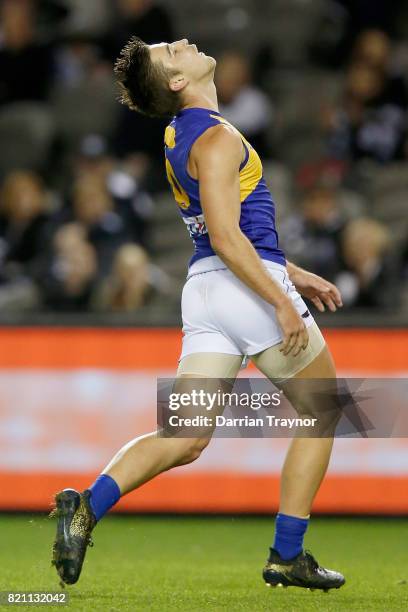 Elliot Yeo of the Eagles competes in the ruck after missing a goal during the round 18 AFL match between the Collingwood Magpies and the West Coast...