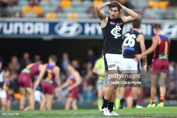 Tom Williamson of the Blues after losing the round 18 AFL match between the Brisbane Lions and the Carlton Blues at The Gabba on July 23, 2017 in...