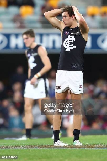 Tom Williamson of the Blues after losing the round 18 AFL match between the Brisbane Lions and the Carlton Blues at The Gabba on July 23, 2017 in...