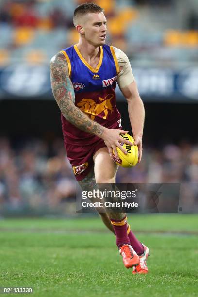 Dayne Beams of the Lions runs the ball during the round 18 AFL match between the Brisbane Lions and the Carlton Blues at The Gabba on July 23, 2017...