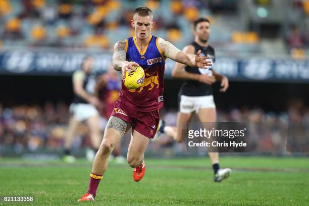 Dayne Beams of the Lions kicks during the round 18 AFL match between the Brisbane Lions and the Carlton Blues at The Gabba on July 23, 2017 in...