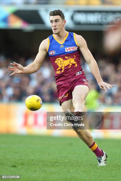 Daniel McStay of the Lions kicks during the round 18 AFL match between the Brisbane Lions and the Carlton Blues at The Gabba on July 23, 2017 in...