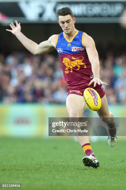 Daniel McStay of the Lions kicks during the round 18 AFL match between the Brisbane Lions and the Carlton Blues at The Gabba on July 23, 2017 in...