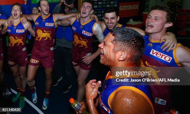 Cedric Cox of the lions celebrates during the round 18 AFL match between the Brisbane Lions and the Carlton Blues at The Gabba on July 23, 2017 in...
