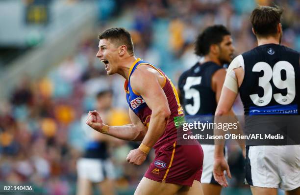 Dayne Zorko of the Lions celebrates a goal during the round 18 AFL match between the Brisbane Lions and the Carlton Blues at The Gabba on July 23,...